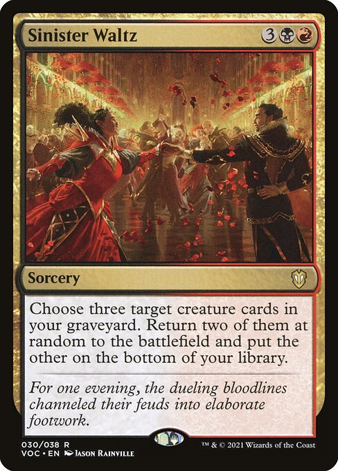 Choose three target creature cards in your graveyard. Return two of them at random to the battlefield and put the other on the bottom of your library.