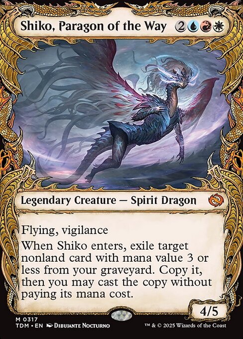 Flying, vigilance
When Shiko enters, exile target nonland card with mana value 3 or less from your graveyard. Copy it, then you may cast the copy without paying its mana cost. (A copy of a permanent spell becomes a token.)