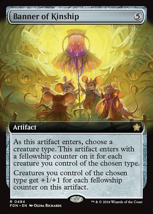 As this artifact enters, choose a creature type. This artifact enters with a fellowship counter on it for each creature you control of the chosen type.
Creatures you control of the chosen type get +1/+1 for each fellowship counter on this artifact.