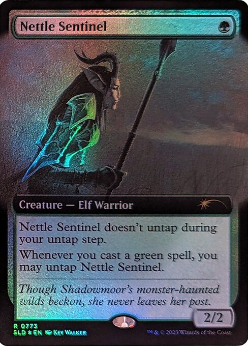 Nettle Sentinel doesn't untap during your untap step.
Whenever you cast a green spell, you may untap Nettle Sentinel.