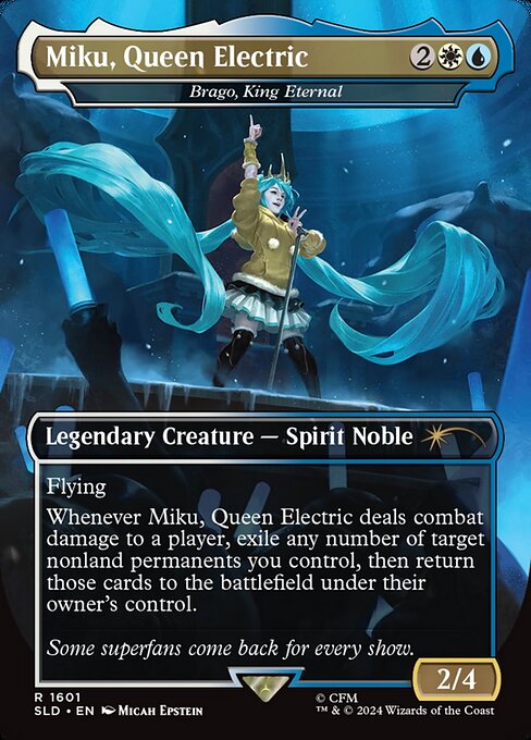 Flying
Whenever Brago deals combat damage to a player, exile any number of target nonland permanents you control, then return those cards to the battlefield under their owner's control.