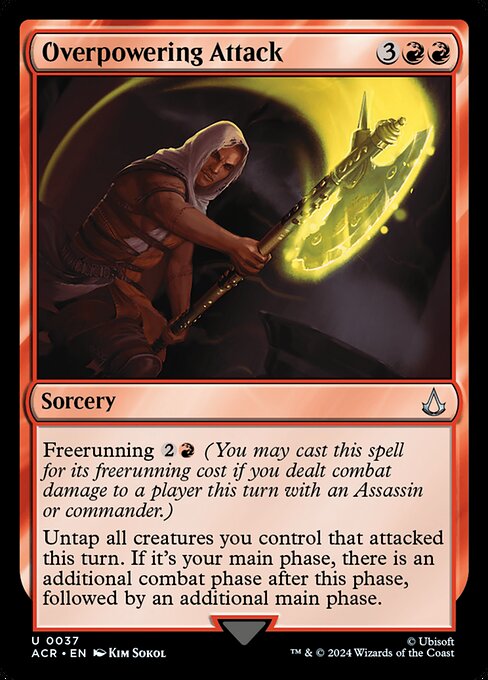 Freerunning {2}{R} (You may cast this spell for its freerunning cost if you dealt combat damage to a player this turn with an Assassin or commander.)
Untap all creatures you control that attacked this turn. If it's your main phase, there is an additional combat phase after this phase, followed by an additional main phase.