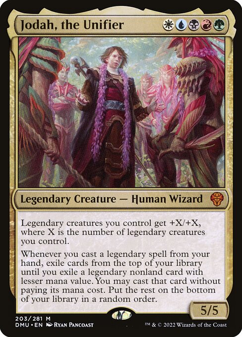 Legendary creatures you control get +X/+X, where X is the number of legendary creatures you control.
Whenever you cast a legendary spell from your hand, exile cards from the top of your library until you exile a legendary nonland card with lesser mana value. You may cast that card without paying its mana cost. Put the rest on the bottom of your library in a random order.