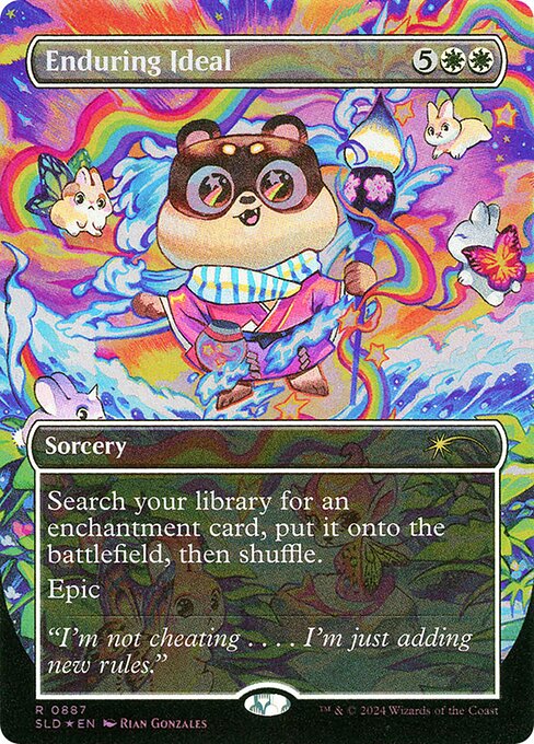 Search your library for an enchantment card, put it onto the battlefield, then shuffle.
Epic (For the rest of the game, you can't cast spells. At the beginning of each of your upkeeps, copy this spell except for its epic ability.)
