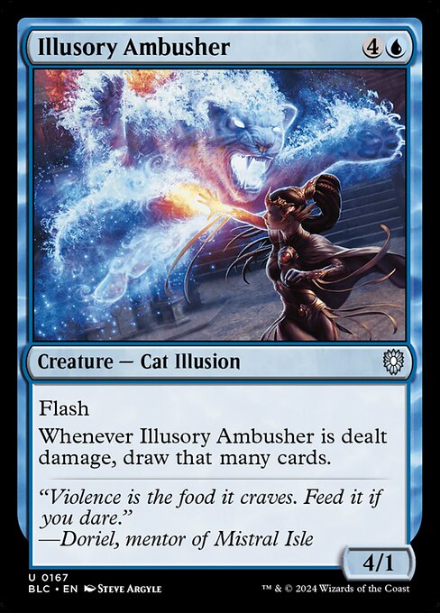 Flash (You may cast this spell any time you could cast an instant.)
Whenever Illusory Ambusher is dealt damage, draw that many cards.