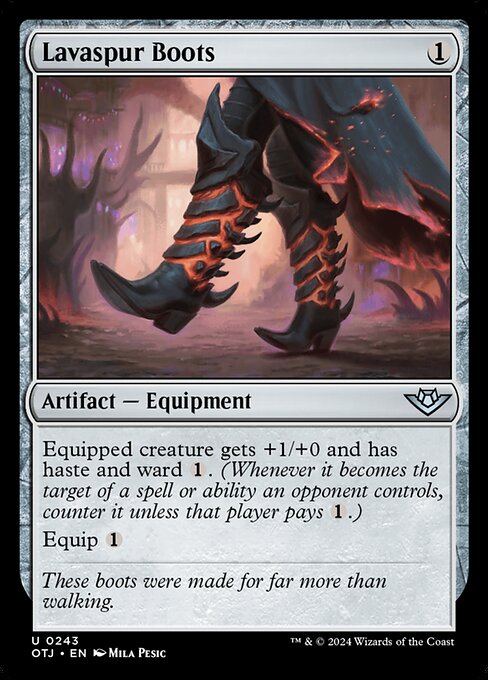 Equipped creature gets +1/+0 and has haste and ward {1}. (Whenever it becomes the target of a spell or ability an opponent controls, counter it unless that player pays {1}.)
Equip {1}