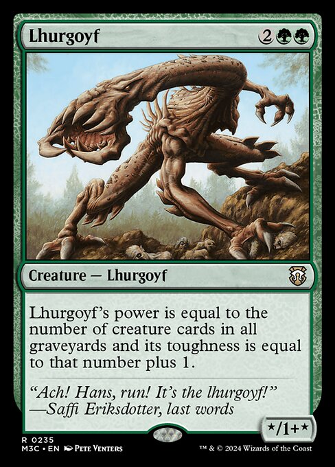 Lhurgoyf's power is equal to the number of creature cards in all graveyards and its toughness is equal to that number plus 1.