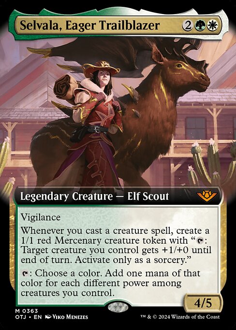 Vigilance
Whenever you cast a creature spell, create a 1/1 red Mercenary creature token with "{T}: Target creature you control gets +1/+0 until end of turn. Activate only as a sorcery."
{T}: Choose a color. Add one mana of that color for each different power among creatures you control.
