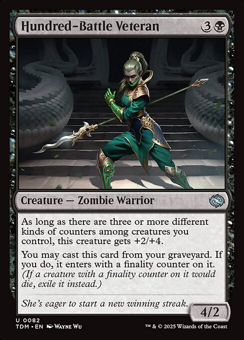 As long as there are three or more different kinds of counters among creatures you control, this creature gets +2/+4.
You may cast this card from your graveyard. If you do, it enters with a finality counter on it. (If a creature with a finality counter on it would die, exile it instead.)