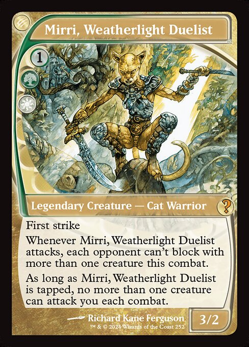First strike
Whenever Mirri, Weatherlight Duelist attacks, each opponent can't block with more than one creature this combat.
As long as Mirri, Weatherlight Duelist is tapped, no more than one creature can attack you each combat.