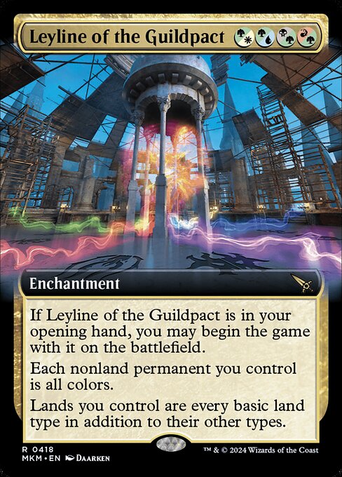 If Leyline of the Guildpact is in your opening hand, you may begin the game with it on the battlefield.
Each nonland permanent you control is all colors.
Lands you control are every basic land type in addition to their other types.