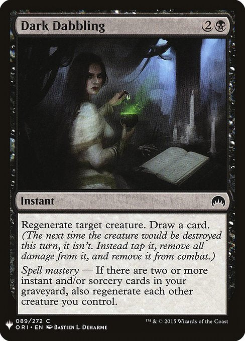 Regenerate target creature. Draw a card. (The next time the creature would be destroyed this turn, it isn't. Instead tap it, remove all damage from it, and remove it from combat.)
Spell mastery — If there are two or more instant and/or sorcery cards in your graveyard, also regenerate each other creature you control.