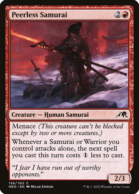 Menace (This creature can't be blocked except by two or more creatures.)
Whenever a Samurai or Warrior you control attacks alone, the next spell you cast this turn costs {1} less to cast.