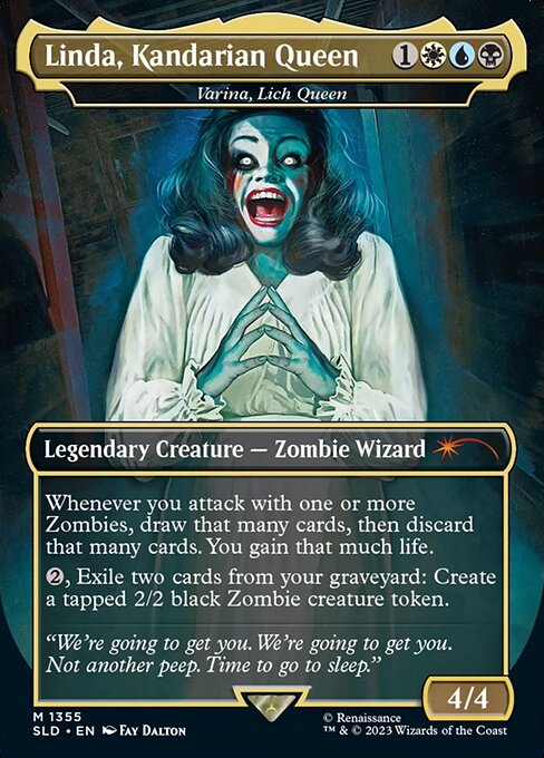 Whenever you attack with one or more Zombies, draw that many cards, then discard that many cards. You gain that much life.
{2}, Exile two cards from your graveyard: Create a tapped 2/2 black Zombie creature token.
