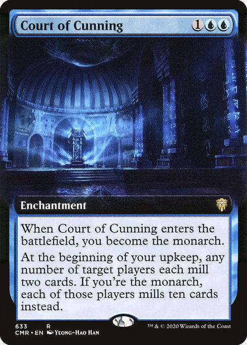 When Court of Cunning enters the battlefield, you become the monarch.
At the beginning of your upkeep, any number of target players each mill two cards. If you're the monarch, each of those players mills ten cards instead. (To mill a card, a player puts the top card of their library into their graveyard.)