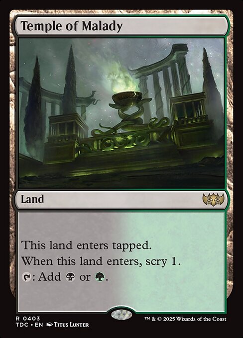 This land enters tapped.
When this land enters, scry 1. (Look at the top card of your library. You may put that card on the bottom.)
{T}: Add {B} or {G}.