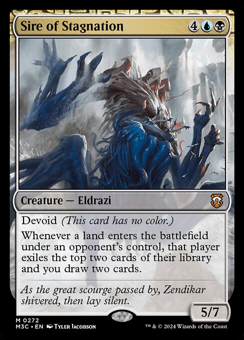 Devoid (This card has no color.)
Whenever a land an opponent controls enters, that player exiles the top two cards of their library and you draw two cards.