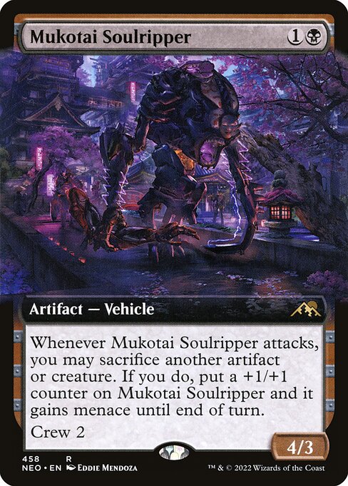 Whenever Mukotai Soulripper attacks, you may sacrifice another artifact or creature. If you do, put a +1/+1 counter on Mukotai Soulripper and it gains menace until end of turn.
Crew 2 (Tap any number of creatures you control with total power 2 or more: This Vehicle becomes an artifact creature until end of turn.)