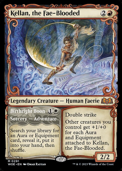 Double strike
Other creatures you control get +1/+0 for each Aura and Equipment attached to Kellan, the Fae-Blooded.   Search your library for an Aura or Equipment card, reveal it, put it into your hand, then shuffle.