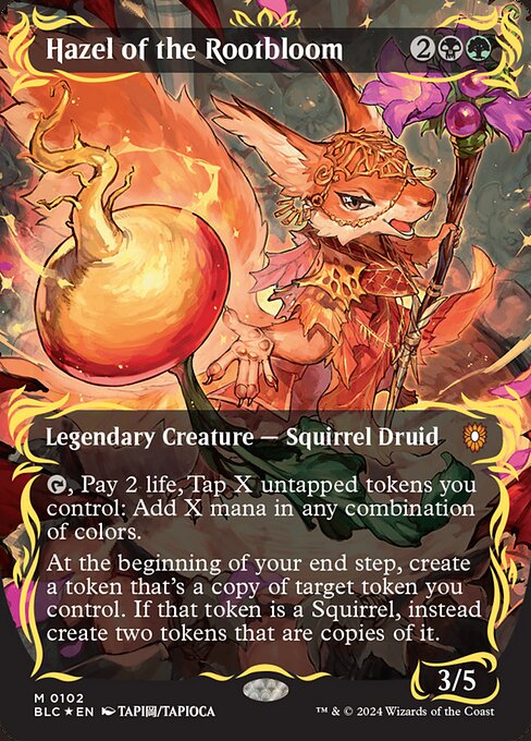 {T}, Pay 2 life, Tap X untapped tokens you control: Add X mana in any combination of colors.
At the beginning of your end step, create a token that's a copy of target token you control. If that token is a Squirrel, instead create two tokens that are copies of it.