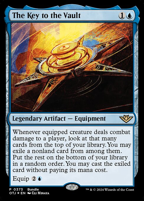 Whenever equipped creature deals combat damage to a player, look at that many cards from the top of your library. You may exile a nonland card from among them. Put the rest on the bottom of your library in a random order. You may cast the exiled card without paying its mana cost.
Equip {2}{U}