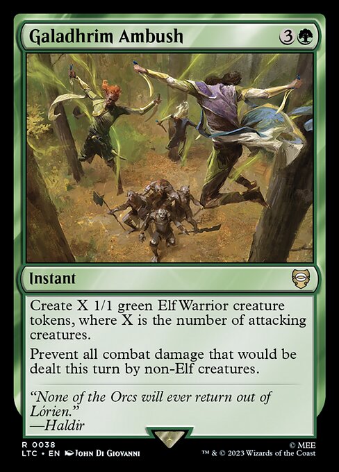 Create X 1/1 green Elf Warrior creature tokens, where X is the number of attacking creatures.
Prevent all combat damage that would be dealt this turn by non-Elf creatures.