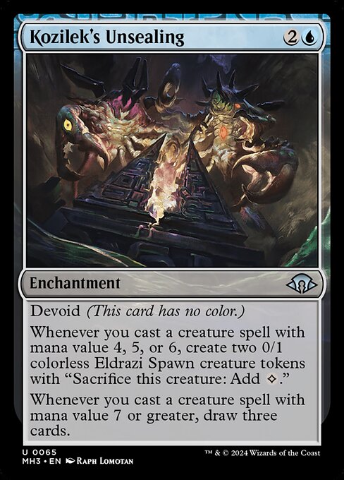 Devoid (This card has no color.)
Whenever you cast a creature spell with mana value 4, 5, or 6, create two 0/1 colorless Eldrazi Spawn creature tokens with "Sacrifice this creature: Add {C}."
Whenever you cast a creature spell with mana value 7 or greater, draw three cards.