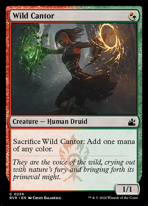 ({R/G} can be paid with either {R} or {G}.)
Sacrifice Wild Cantor: Add one mana of any color.