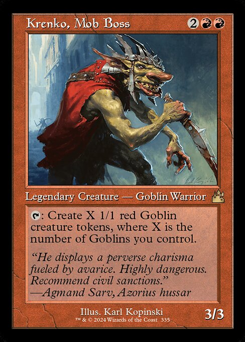 {T}: Create X 1/1 red Goblin creature tokens, where X is the number of Goblins you control.