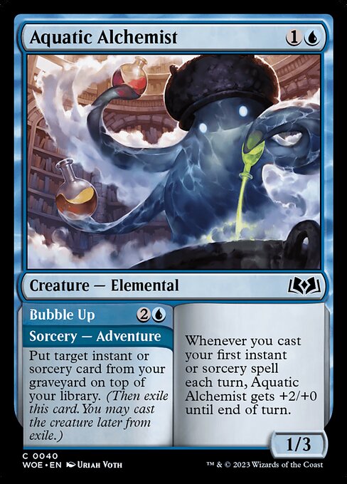 Whenever you cast your first instant or sorcery spell each turn, Aquatic Alchemist gets +2/+0 until end of turn.   Put target instant or sorcery card from your graveyard on top of your library. (Then exile this card. You may cast the creature later from exile.)
