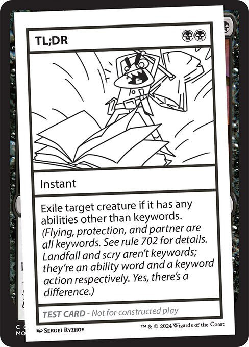Exile target creature if it has any abilities other than keywords. (Flying, protection, and partner are all keywords. See rule 702 for details. Landfall and scry aren't keywords; they're an ability word and a keyword action respectively. Yes, there's a difference.)