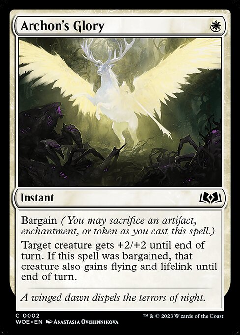 Bargain (You may sacrifice an artifact, enchantment, or token as you cast this spell.)
Target creature gets +2/+2 until end of turn. If this spell was bargained, that creature also gains flying and lifelink until end of turn.