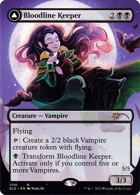 Flying
{T}: Create a 2/2 black Vampire creature token with flying.
{B}: Transform Bloodline Keeper. Activate only if you control five or more Vampires.   Flying
Other Vampire creatures you control get +2/+2.
{T}: Create a 2/2 black Vampire creature token with flying.