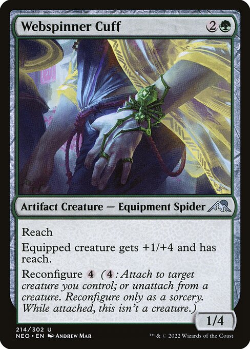 Reach
Equipped creature gets +1/+4 and has reach.
Reconfigure {4} ({4}: Attach to target creature you control; or unattach from a creature. Reconfigure only as a sorcery. While attached, this isn't a creature.)