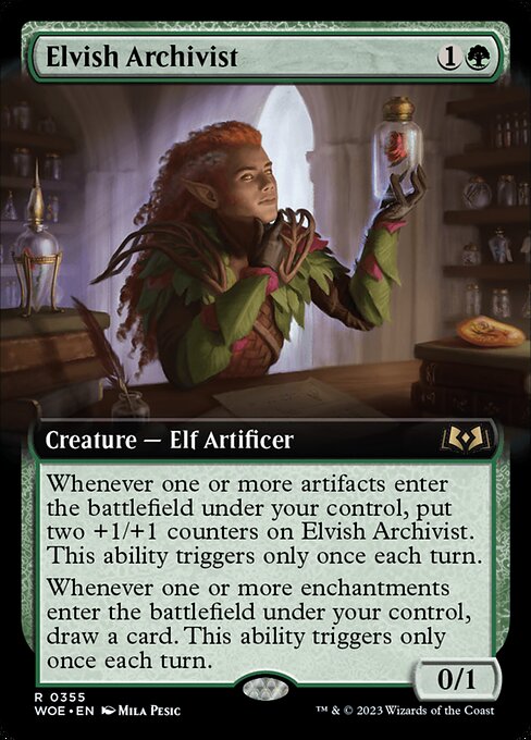 Whenever one or more artifacts enter the battlefield under your control, put two +1/+1 counters on Elvish Archivist. This ability triggers only once each turn.
Whenever one or more enchantments enter the battlefield under your control, draw a card. This ability triggers only once each turn.
