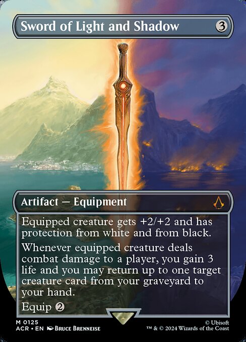 Equipped creature gets +2/+2 and has protection from white and from black.
Whenever equipped creature deals combat damage to a player, you gain 3 life and you may return up to one target creature card from your graveyard to your hand.
Equip {2}