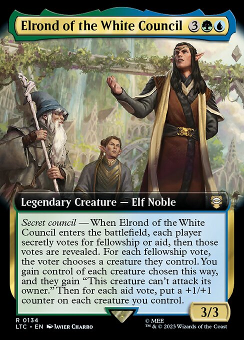 Secret council — When Elrond of the White Council enters the battlefield, each player secretly votes for fellowship or aid, then those votes are revealed. For each fellowship vote, the voter chooses a creature they control. You gain control of each creature chosen this way, and they gain "This creature can't attack its owner." Then for each aid vote, put a +1/+1 counter on each creature you control.