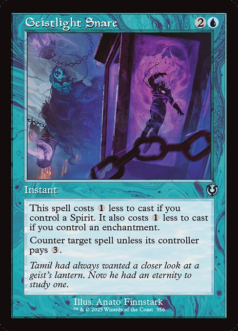 This spell costs {1} less to cast if you control a Spirit. It also costs {1} less to cast if you control an enchantment.
Counter target spell unless its controller pays {3}.
