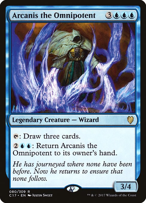 {T}: Draw three cards.
{2}{U}{U}: Return Arcanis the Omnipotent to its owner's hand.
