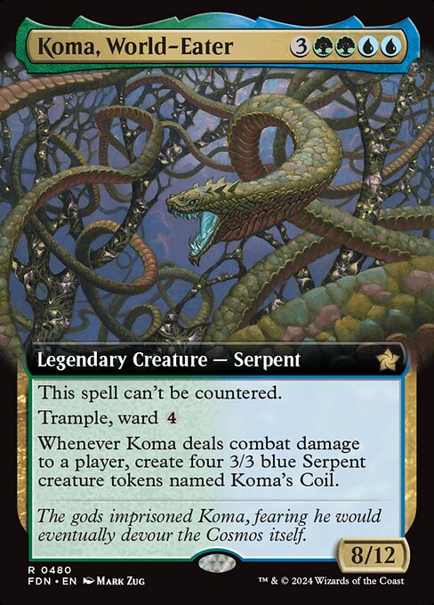 This spell can't be countered.
Trample, ward {4}
Whenever Koma deals combat damage to a player, create four 3/3 blue Serpent creature tokens named Koma's Coil.