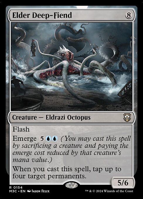Flash
Emerge {5}{U}{U} (You may cast this spell by sacrificing a creature and paying the emerge cost reduced by that creature's mana value.)
When you cast this spell, tap up to four target permanents.