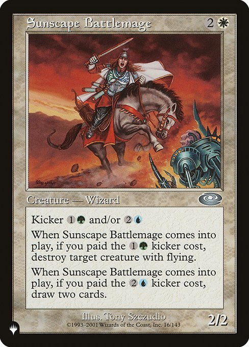 Kicker {1}{G} and/or {2}{U} (You may pay an additional {1}{G} and/or {2}{U} as you cast this spell.)
When Sunscape Battlemage enters, if it was kicked with its {1}{G} kicker, destroy target creature with flying.
When Sunscape Battlemage enters, if it was kicked with its {2}{U} kicker, draw two cards.