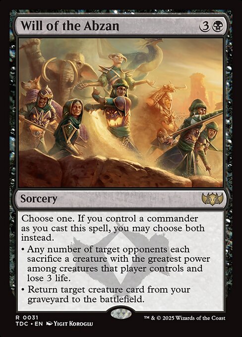 Choose one. If you control a commander as you cast this spell, you may choose both instead.
• Any number of target opponents each sacrifice a creature with the greatest power among creatures that player controls and lose 3 life.
• Return target creature card from your graveyard to the battlefield.