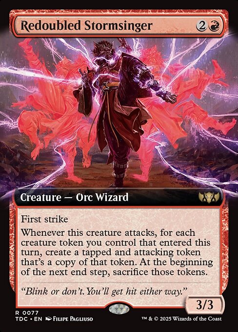 First strike
Whenever this creature attacks, for each creature token you control that entered this turn, create a tapped and attacking token that's a copy of that token. At the beginning of the next end step, sacrifice those tokens.