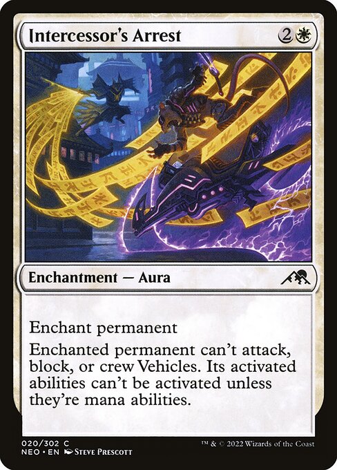 Enchant permanent
Enchanted permanent can't attack, block, or crew Vehicles. Its activated abilities can't be activated unless they're mana abilities.