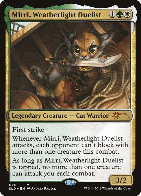 First strike
Whenever Mirri, Weatherlight Duelist attacks, each opponent can't block with more than one creature this combat.
As long as Mirri, Weatherlight Duelist is tapped, no more than one creature can attack you each combat.
