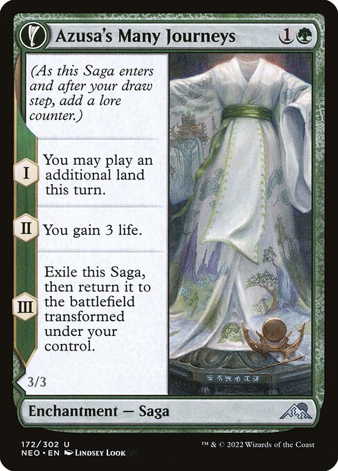 (As this Saga enters and after your draw step, add a lore counter.)
I — You may play an additional land this turn.
II — You gain 3 life.
III — Exile this Saga, then return it to the battlefield transformed under your control.   Whenever Likeness of the Seeker becomes blocked, untap up to three lands you control.