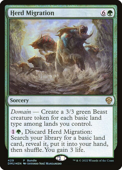 Domain — Create a 3/3 green Beast creature token for each basic land type among lands you control.
{1}{G}, Discard Herd Migration: Search your library for a basic land card, reveal it, put it into your hand, then shuffle. You gain 3 life.