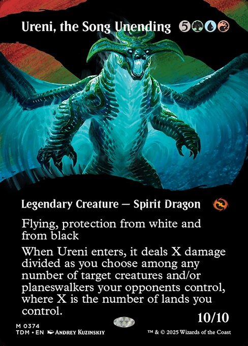 Flying, protection from white and from black
When Ureni enters, it deals X damage divided as you choose among any number of target creatures and/or planeswalkers your opponents control, where X is the number of lands you control.