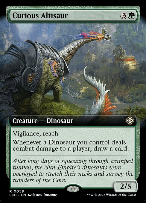 Vigilance, reach
Whenever a Dinosaur you control deals combat damage to a player, draw a card.